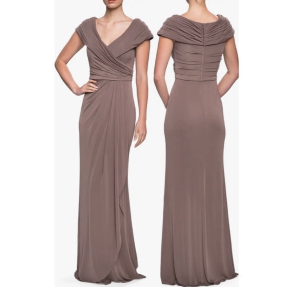 LA FEMME Ruched Jersey Column Gown‎ Cocoa Brown